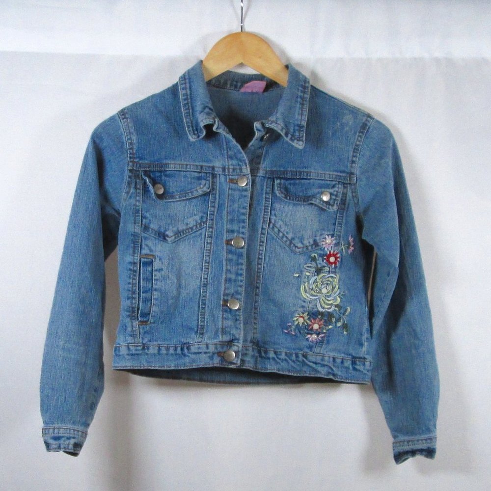 Ge'Ge' Girls Blue Jean Jacket w\ Embroidered Flower, gem, and Bead accen…